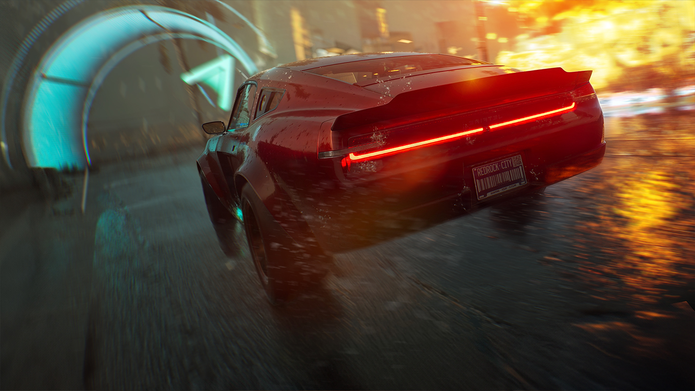 Red muscle car speeding through a glowing race gate past an explosion