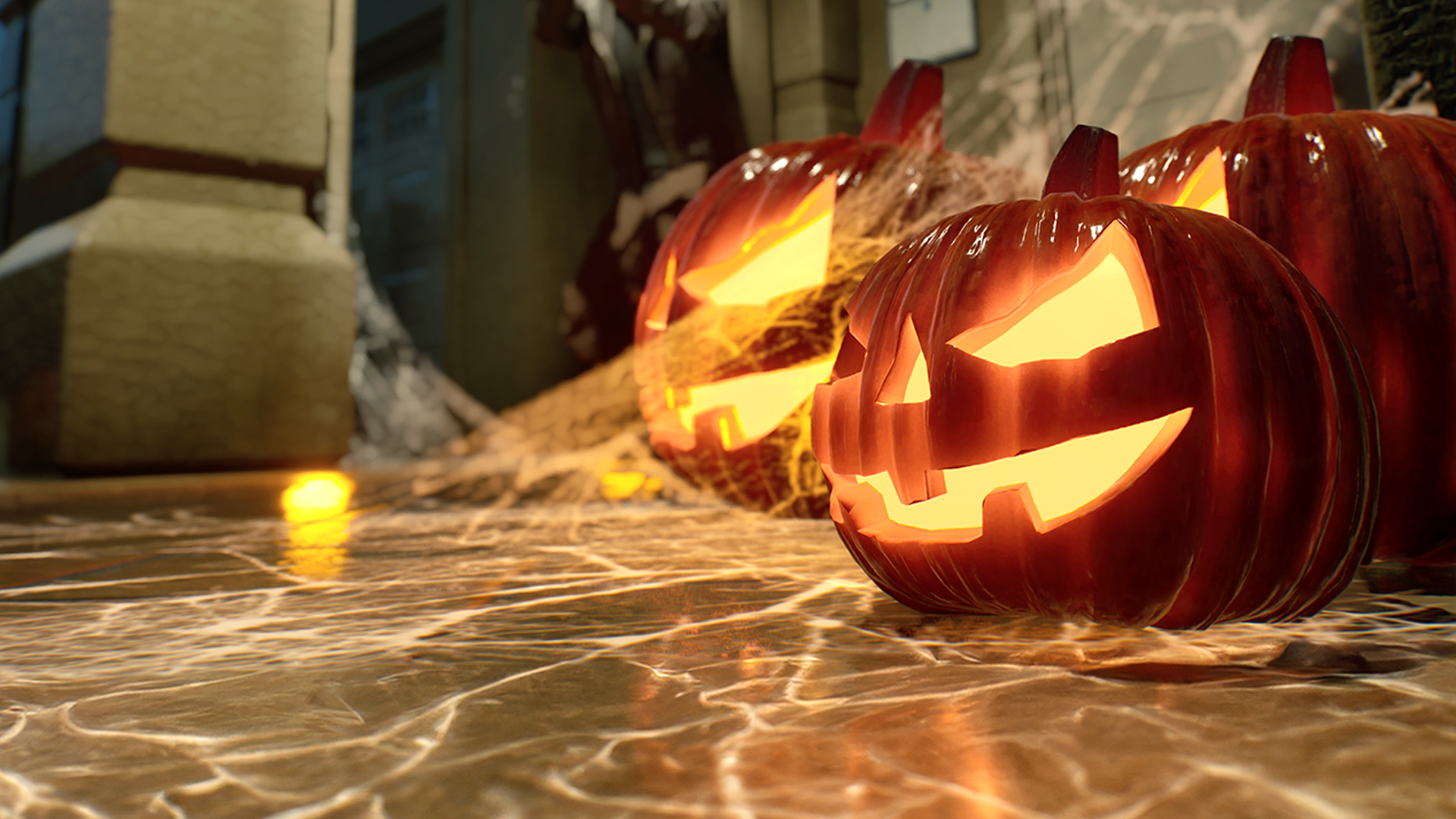 Glowing jack-o'-lanterns and cobwebs on a suburban doorstep