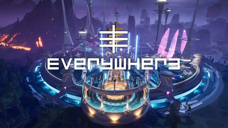 Everywhere logo over a neon futuristic city hub at dusk