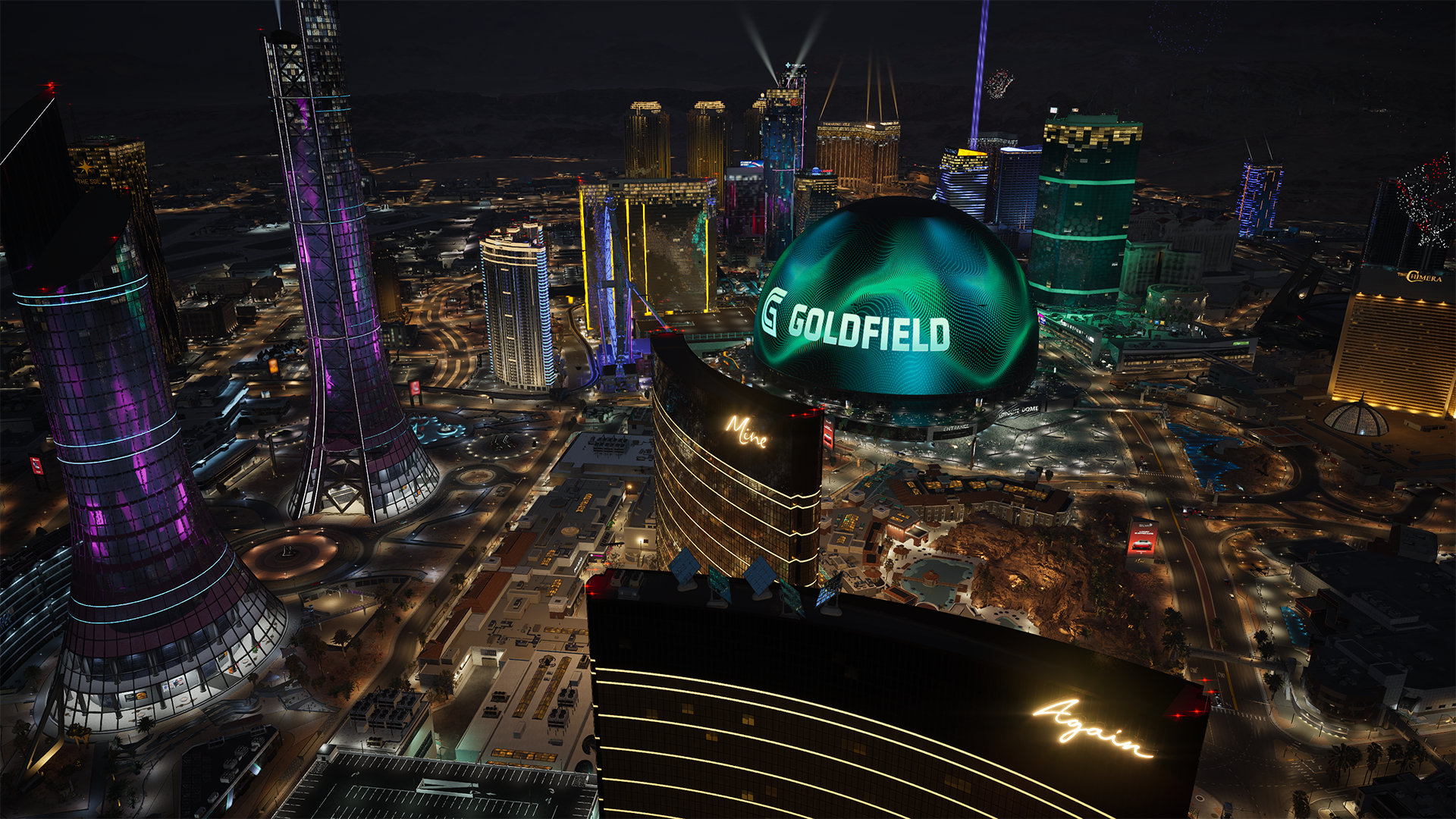 Aerial night view of Red Rock City's neon skyline and Goldfield dome