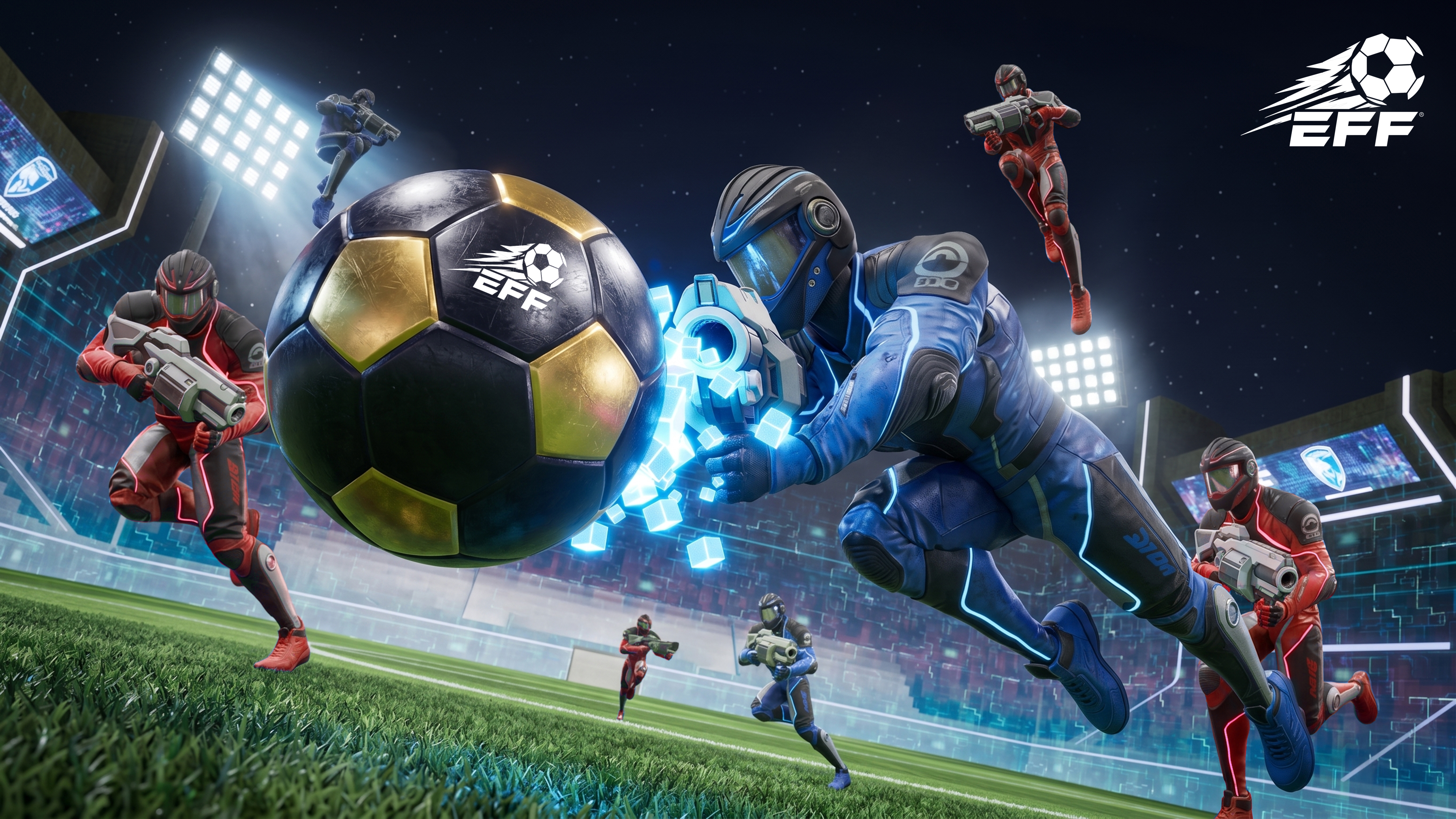Armoured players with ball cannons diving for a giant football under stadium lights