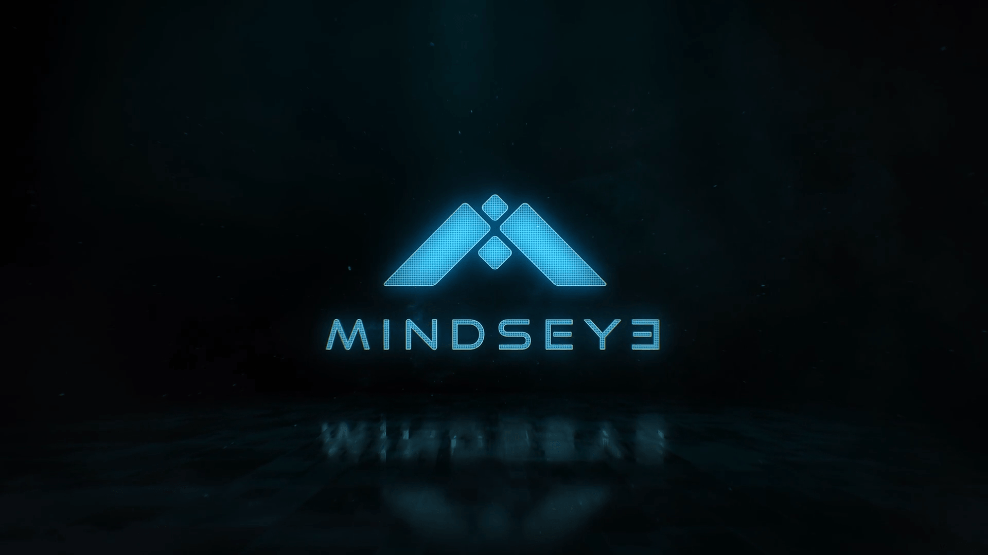 Glowing blue MindsEye logo on a dark background