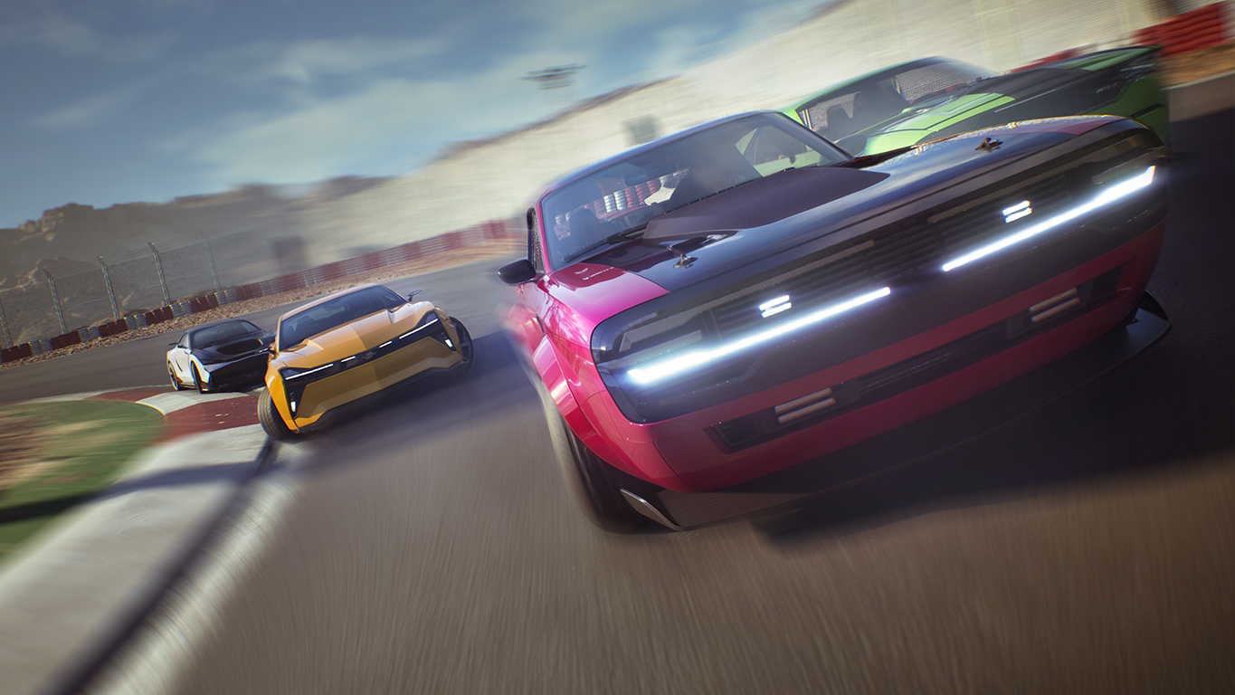 Four cars battling wheel to wheel around a desert race circuit